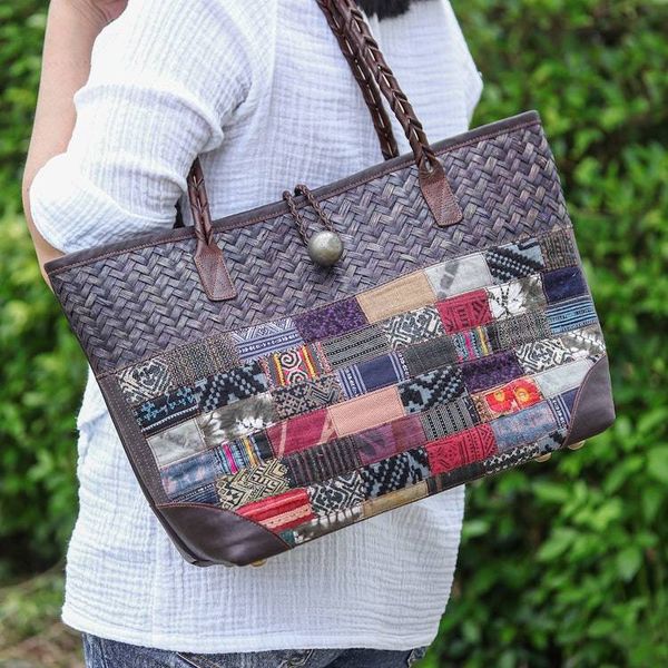 Alternate image for Leather-Accented Cotton Blend Woven Natural Fiber Tote Bag Earth Weave