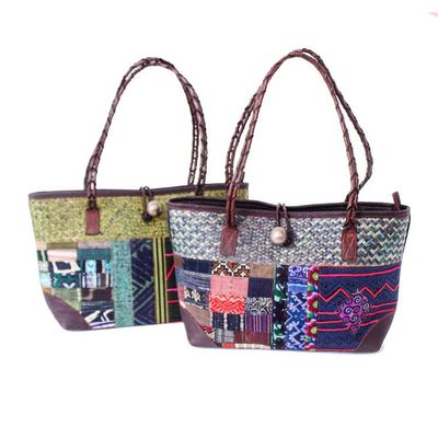 Alternate image for Leather-Accented Cotton Blend Woven Natural Fiber Tote Bag Earth Weave