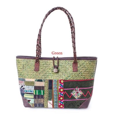 Alternate image for Leather-Accented Cotton Blend Woven Natural Fiber Tote Bag Earth Weave