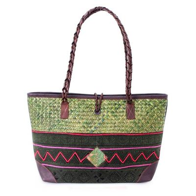 Alternate image for Leather-Accented Cotton Blend Woven Natural Fiber Tote Bag Earth Weave