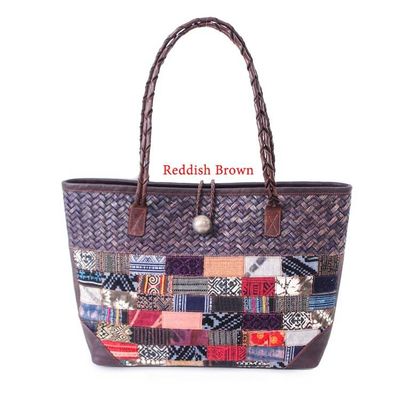 Alternate image for Leather-Accented Cotton Blend Woven Natural Fiber Tote Bag Earth Weave