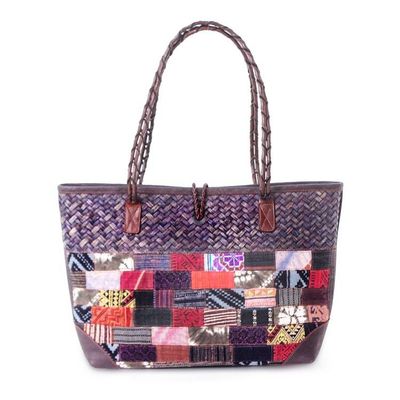 Alternate image for Leather-Accented Cotton Blend Woven Natural Fiber Tote Bag Earth Weave