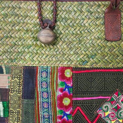 Alternate image for Leather-Accented Cotton Blend Woven Natural Fiber Tote Bag Earth Weave