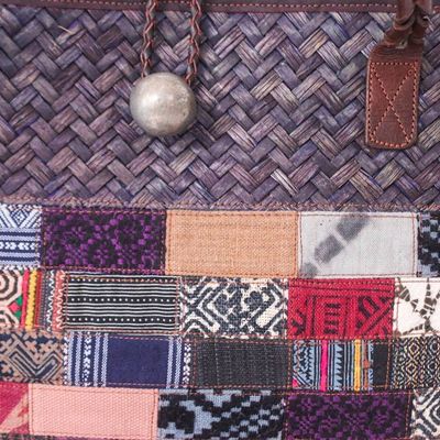 Alternate image for Leather-Accented Cotton Blend Woven Natural Fiber Tote Bag Earth Weave