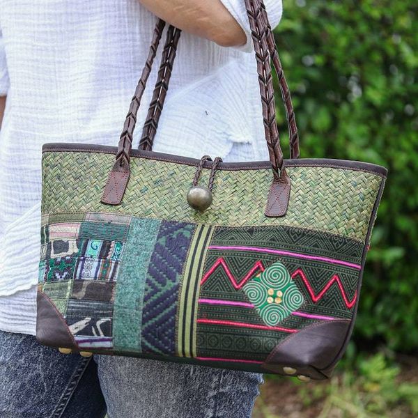 Alternate image for Hill Tribe Leather-Accented Cotton Blend Natural Fiber Bag Lovely Lanna