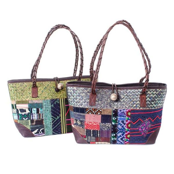 Alternate image for Hill Tribe Leather-Accented Cotton Blend Natural Fiber Bag Lovely Lanna