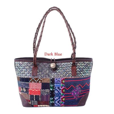 Alternate image for Hill Tribe Leather-Accented Cotton Blend Natural Fiber Bag Lovely Lanna