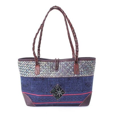 Alternate image for Hill Tribe Leather-Accented Cotton Blend Natural Fiber Bag Lovely Lanna