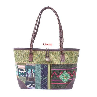Alternate image for Hill Tribe Leather-Accented Cotton Blend Natural Fiber Bag Lovely Lanna