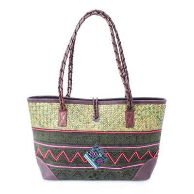 Alternate image for Hill Tribe Leather-Accented Cotton Blend Natural Fiber Bag Lovely Lanna