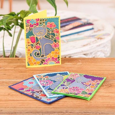 Primary image for 4 Batik Cotton and Paper Greeting Cards with Cat Designs Feline Salutations