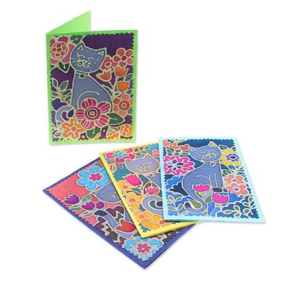 Alternate image for 4 Batik Cotton and Paper Greeting Cards with Cat Designs Feline Salutations