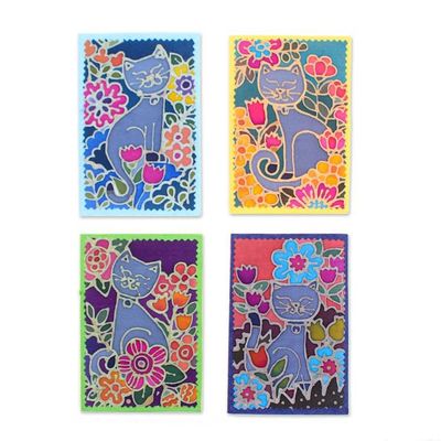 Alternate image for 4 Batik Cotton and Paper Greeting Cards with Cat Designs Feline Salutations