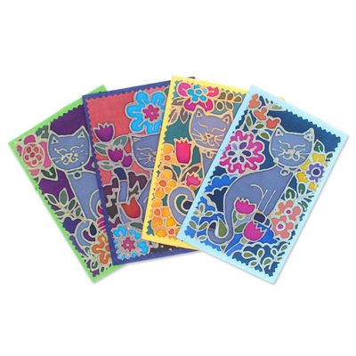 Alternate image for 4 Batik Cotton and Paper Greeting Cards with Cat Designs Feline Salutations