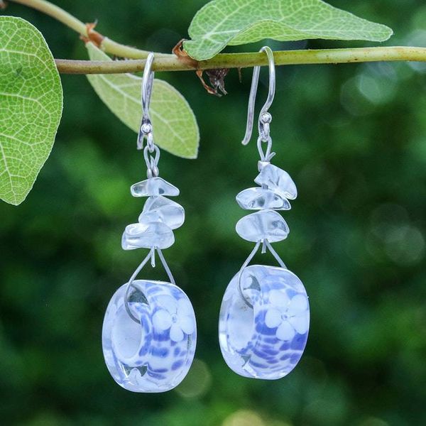 Alternate image for Floral Glass and Quartz Beaded Dangle Earrings in Lavender Lavender Wheels