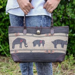 Image for Animal-Themed Hill Tribe Cotton Blend and Leather Tote Bag Animal Wonder