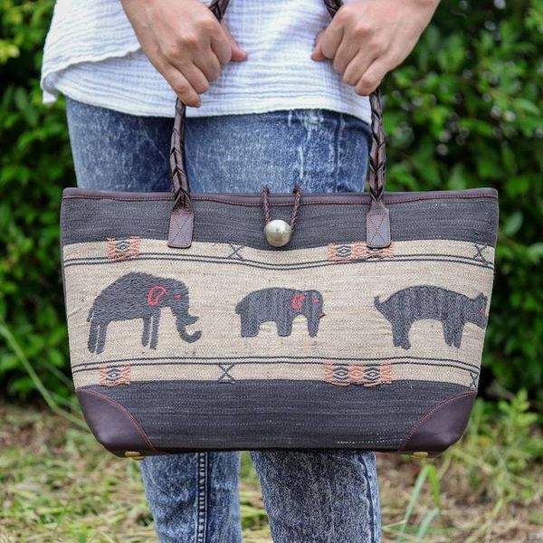 Alternate image for Animal-Themed Hill Tribe Cotton Blend and Leather Tote Bag Animal Wonder