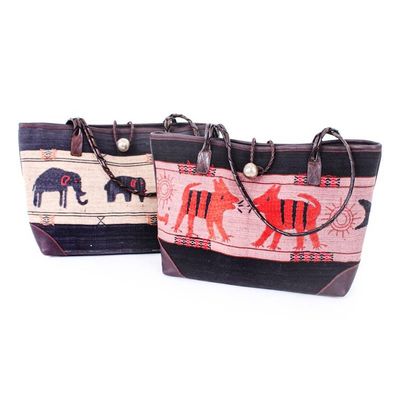 Alternate image for Animal-Themed Hill Tribe Cotton Blend and Leather Tote Bag Animal Wonder