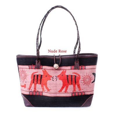 Alternate image for Animal-Themed Hill Tribe Cotton Blend and Leather Tote Bag Animal Wonder