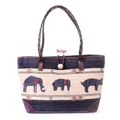 Alternate image for Animal-Themed Hill Tribe Cotton Blend and Leather Tote Bag Animal Wonder