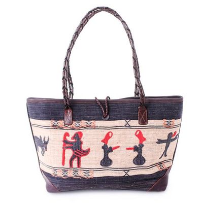 Alternate image for Animal-Themed Hill Tribe Cotton Blend and Leather Tote Bag Animal Wonder