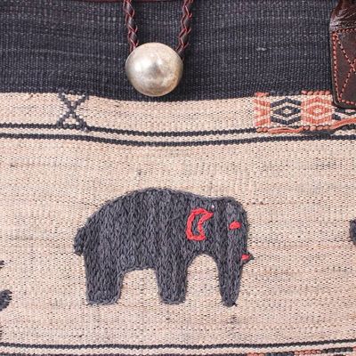Alternate image for Animal-Themed Hill Tribe Cotton Blend and Leather Tote Bag Animal Wonder