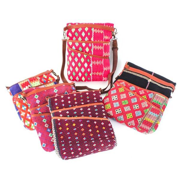 Alternate image for Hill Tribe Handwoven Leather-Accented Cotton Blend Sling Bag Cheerful Stitches