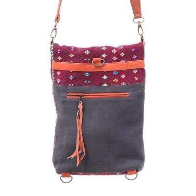 Alternate image for Hill Tribe Handwoven Leather-Accented Cotton Blend Sling Bag Cheerful Stitches