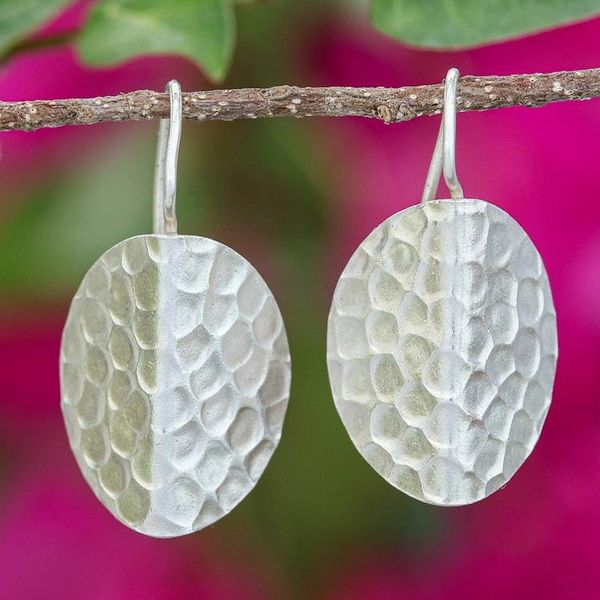 Alternate image for Textured Sterling Silver Drop Earrings with Hammered Finish Hammered Leaves