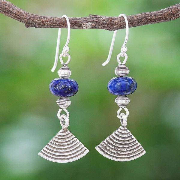 Alternate image for Thai Lapis Lazuli and Karen Silver Dangle Earrings Fruit Tree in Blue