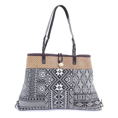 Alternate image for Cotton Blend Geometric-Motif Shoulder Bag Shopping Day in Black