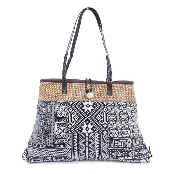 Alternate image for Cotton Blend Geometric-Motif Shoulder Bag Shopping Day in Black