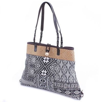 Alternate image for Cotton Blend Geometric-Motif Shoulder Bag Shopping Day in Black