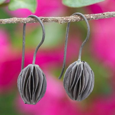 Primary image for Darkened Modern Textured Silver Floral Bud Drop Earrings Precious Flower Bud