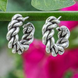Image for Braided Twisted Oxidized-Finished Silver Half-Hoop Earrings Twisted Elegance