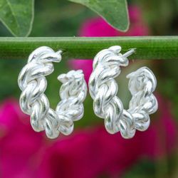 Image for Matte-Finished Braided Twisted Silver Half-Hoop Earrings Twisted Radiance