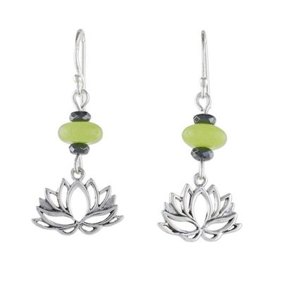 Alternate image for Handmade Agate and Hematite Lotus Dangle Earrings Lotus Gleam