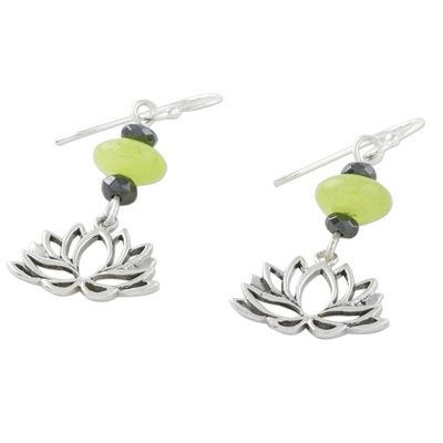 Alternate image for Handmade Agate and Hematite Lotus Dangle Earrings Lotus Gleam