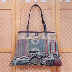 Image for Cotton Blend and Leather Accented Shoulder Bag Shopping Day in Green