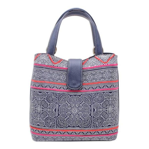 Alternate image for Shoulder Bag in Hmong Batik Cotton with Faux Leather Hmong Legacy