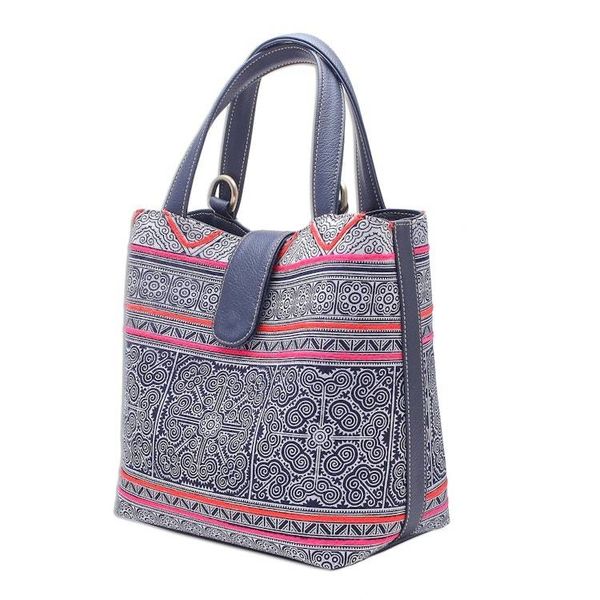 Alternate image for Shoulder Bag in Hmong Batik Cotton with Faux Leather Hmong Legacy