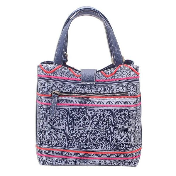Alternate image for Shoulder Bag in Hmong Batik Cotton with Faux Leather Hmong Legacy