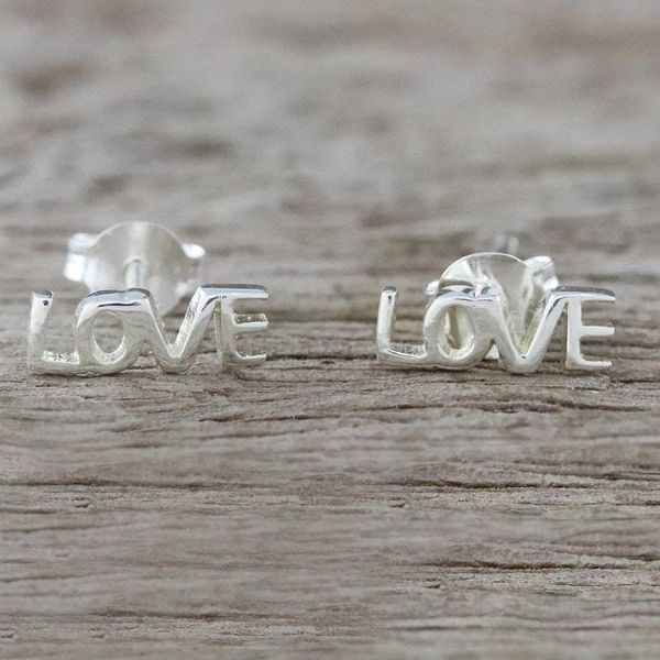Alternate image for Handcrafted Sterling Silver Love Stud Earrings from Thailand Silver Love