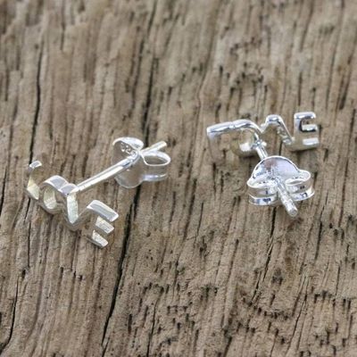 Alternate image for Handcrafted Sterling Silver Love Stud Earrings from Thailand Silver Love