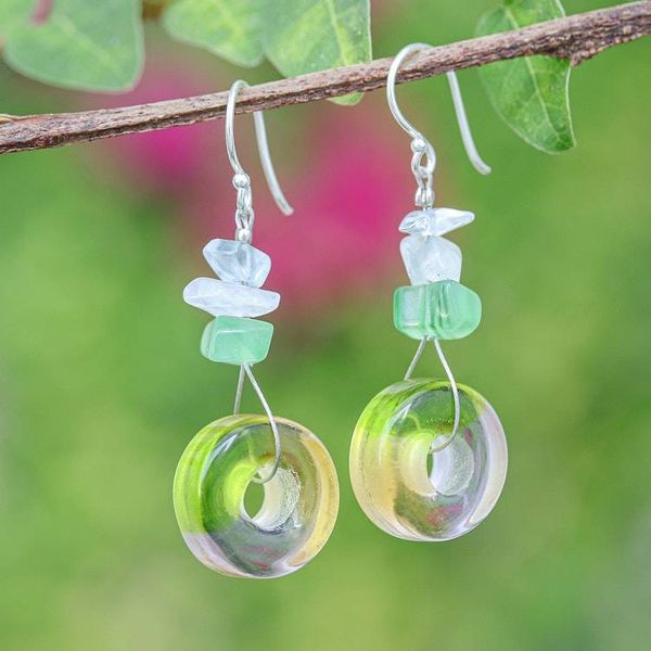 Alternate image for Handblown Glass Dangle Earrings with Bright Quartz Chips Ethereal Wheels