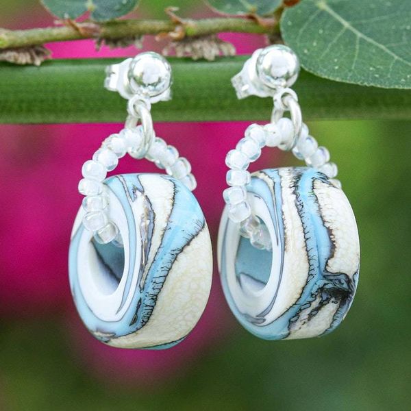 Alternate image for Ocean-Inspired Blue and White Blown Glass Dangle Earrings Blue Tides