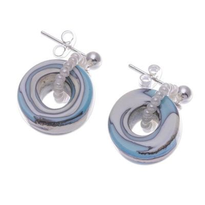 Alternate image for Ocean-Inspired Blue and White Blown Glass Dangle Earrings Blue Tides