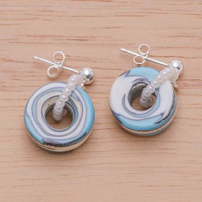 Alternate image for Ocean-Inspired Blue and White Blown Glass Dangle Earrings Blue Tides