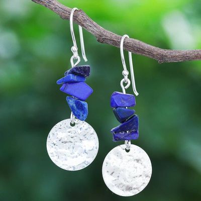 Primary image for Thai Lapis Lazuli and Sterling Silver Dangle Earrings Shining Moon in Blue