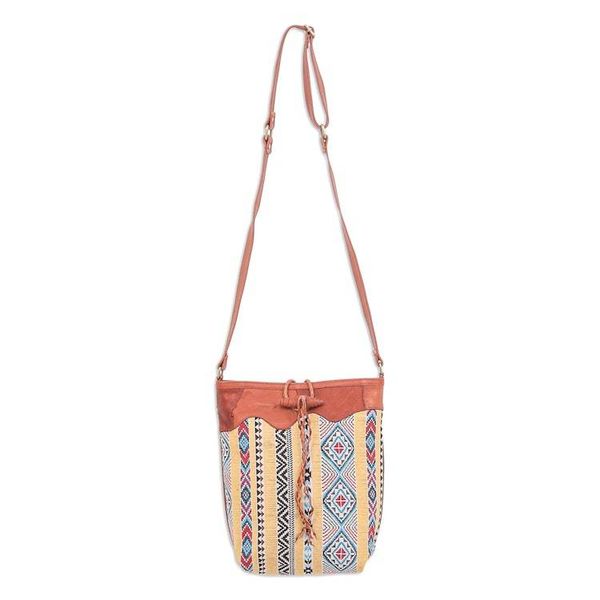 Alternate image for Leather-Accented Cotton Blend Sling Bag Joyful Journey in Yellow